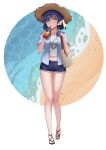  1girl absurdres bag beach blue_hair bocchi_the_rock! collared_shirt drink drinking_straw handbag hat highres koizumike navel sandals shirt short_hair shorts straw_hat yamada_ryo yellow_eyes 