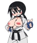  1girl belt black_belt black_eyes black_hair breasts breasts_out cannsk commentary_request cowboy_shot dougi fingerless_gloves gloves grin hand_on_own_hip inverted_nipples karate_gi large_breasts low_twintails missing_nipple mma_gloves nipples original scar scar_on_breasts smile solo twintails 