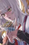  1girl crepe eating fate/grand_order fate_(series) food holding ice_cream_crepe ina_(rimuna_1228) jacket lipstick long_hair makeup marie_antoinette_(alter)_(fate) marie_antoinette_(fate) purple_lips school_uniform solo white_hair yellow_eyes 