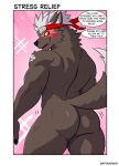 accessory anthro big_butt blush butt canid fftempest fluffy fluffy_tail fur grey_body grey_fur hair headband hi_res humanoid lifewonders looking_back male mammal muscular muscular_anthro muscular_male red_eyes red_headband smile smirk solo tadatomo_(tas) tail text thick_thighs tokyo_afterschool_summoners tuft white_hair yellow_sclera