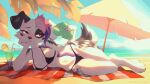16:9 2024 animated anthro beach beach_umbrella beverage bikini black_body black_fur breasts canid canine canis clothed clothing container cup domestic_dog drinking_glass drinking_straw feet female fingers freeedon fur glass glass_container glass_cup hair hi_res holding_object lying mammal multicolored_body multicolored_fur multicolored_hair on_side parasol purple_eyes short_playtime solo swimwear tail tail_motion tailwag toes towel two_tone_body two_tone_fur white_body white_fur widescreen