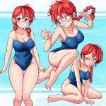  barefoot blue_eyes blue_suit blush breasts dilan_griz highres legs one-piece_swimsuit ranma-chan ranma_1/2 suit swimsuit teeth variations water wet 