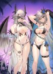  2girls ahoge armpits arms_up bare_shoulders bikini black_bikini blush breasts cape cleavage commentary_request copyright_name evertale eyepatch feather_trim feathered_wings fur_trim green_eyes grey_hair hair_ornament halterneck highres holding jeanne_d&#039;arc_(evertale) kakage large_breasts logo long_hair low_wings mikaela_(evertale) multiple_girls navel o-ring official_art open_mouth see-through smile stomach swimsuit thigh_strap thighs twintails white_bikini wings 