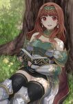  1girl absurdres armor bare_shoulders black_gloves black_skirt black_thighhighs blunt_bangs book brown_hair cape celica_(fire_emblem) circlet commission earrings feet_out_of_frame fingerless_gloves fire_emblem fire_emblem_echoes:_shadows_of_valentia gloves green_armor highres holding holding_book jewelry leg_armor looking_at_viewer miniskirt nao_suke on_grass open_book outdoors panties red_eyes shoulder_armor skeb_commission skirt smile solo teeth thighhighs toyota_celica tree underwear upper_teeth_only white_panties 