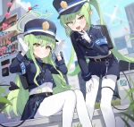  2girls absurdres black_hat blue_archive blush demon_tail fang gloves green_hair green_halo halo hat highlander_sidelocks_conductor_(blue_archive) highlander_twintails_conductor_(blue_archive) highres loloco long_hair long_sleeves looking_at_viewer multiple_girls open_mouth pantyhose peaked_cap pleated_skirt pointy_ears shorts skirt smile tail twintails white_gloves white_pantyhose yellow_eyes 
