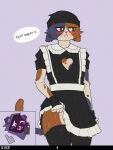 angry anthro bear blush bodily_fluids breasts clothed clothing digital_media_(artwork) domestic_cat duo english_text epic_games eye_scar facial_scar felid feline felis female fortnite fur girly glowing glowing_eyes hat headgear headwear hi_res legwear maid_uniform male male/female mammal meow_skulls_(fortnite) raven_team_leader scar shadow_face simple_background smile tail text thick_thighs thigh_highs uniform xise