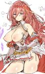  1girl armor armored_dress blush breasts breasts_out closed_mouth commentary_request cropped_legs dirty dress gauntlets godsworn_alexiel gorirago granblue_fantasy hair_between_eyes hair_ornament highres large_breasts long_hair looking_at_viewer nipples purple_eyes red_hair short_dress simple_background solo sweat torn_clothes very_long_hair white_background 