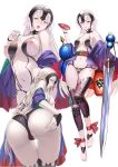  1girl ass bangs bare_shoulders blush breasts ccjn cosplay fate/grand_order fate_(series) full_body headpiece japanese_clothes jeanne_d&#039;arc_(alter)_(fate) jeanne_d&#039;arc_(fate)_(all) kimono large_breasts long_hair long_sleeves looking_at_viewer multiple_views nipples obi off_shoulder open_mouth revealing_clothes sash short_kimono shuten_douji_(fate/grand_order) shuten_douji_(fate/grand_order)_(cosplay) silver_hair simple_background sword thighs very_long_hair weapon white_background wide_sleeves yellow_eyes 