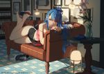  barefoot blue_hair blush couch flowers gray_eyes long_hair navel original shorts vofan 