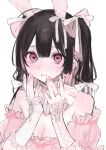 1girl animal_ears bare_shoulders black_hair blush breasts cleavage dress fake_animal_ears hair_ribbon heart heart-shaped_pupils highres iq033 looking_at_viewer medium_breasts multicolored_hair original parted_lips pink_dress pink_eyes pink_hair rabbit_ears ribbon simple_background solo streaked_hair symbol-shaped_pupils two-tone_hair upper_body white_background 