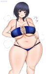  1girl absurdres alternate_body_size alternate_breast_size artist_name asaka_karin bikini blue_bikini blue_eyes blue_hair blunt_bangs blush breasts cleavage collarbone contrapposto covered_nipples english_commentary feet_out_of_frame hands_on_own_hips highres huge_breasts looking_at_viewer love_live! love_live!_nijigasaki_high_school_idol_club making-of_available medium_hair mole mole_on_body mole_on_collarbone multiple_moles navel noiretox open_mouth plump puff_of_air simple_background solo sweat swimsuit teeth thick_thighs thighs upper_teeth_only white_background 