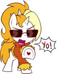 2021 alpha_channel blonde_hair choker clothed clothed_feral clothing dyx_(mlp) equid equine eyewear female female_feral feral friendship_is_magic full-length_portrait fur_trim_(clothing) gesture hair hand_gesture hasbro heart_(marking) hi_res hooves horn jewelry long_hair mammal markings my_little_pony mythological_creature mythological_equine mythology necklace open_mouth pestil pointing pointing_at_viewer portrait raised_leg reaction_image simple_background snaggle_tooth solo spiked_hairband sunglasses talking_to_viewer transparent_background underhoof unicorn