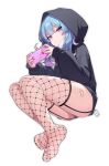  1girl absurdres bandaid_on_thigh black_hoodie blue_eyes blue_hair closed_mouth eiroyi fishnet_thighhighs fishnets full_body garter_straps hatsune_miku highres holding holding_phone hood hood_up hoodie long_hair long_sleeves multicolored_hair nail_polish no_shoes phone purple_hair rabbit_hole_(vocaloid) red_nails simple_background solo thighhighs toenail_polish toenails two-tone_hair vocaloid white_background 