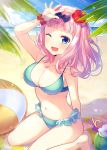  1girl ;d arm_up armpits bare_shoulders beach bikini blue_bikini blue_eyes bow breasts cleavage day flower frilled_bikini frills fujiwara_chika hair_bow hair_flower hair_ornament hibiscus highres innertube kaguya-sama_wa_kokurasetai_~tensai-tachi_no_renai_zunousen~ light_rays long_hair looking_at_viewer medium_breasts navel one_eye_closed open_mouth outdoors palm_leaf pink_hair ringozaka_mariko scrunchie shading_eyes sitting sky smile solo stomach sunbeam sunlight swimsuit thighs wrist_scrunchie 