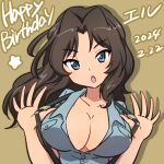  1girl aoshidan_school_uniform black_hair blue_eyes blue_shirt breasts brown_background character_name cleavage collared_shirt commentary dark-skinned_female dark_skin dated ehirorotoon el_(girls_und_panzer) english_text girls_und_panzer hair_intakes happy_birthday highres large_breasts long_hair looking_at_viewer open_mouth school_uniform shadow shirt solo suspenders suspenders_pull translated 