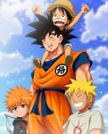  4boys ^_^ arms_up black_hair bleach blonde_hair child closed_eyes cloud dragon_ball english_commentary hat highres instagram_username jumpsuit kurosaki_ichigo looking_ahead looking_up male_focus monkey_d._luffy multiple_boys naruto naruto_(series) on_shoulder one_piece orange_hair orange_jumpsuit rakara11_(rakkarts) sash sky son_goku straw_hat sword sword_on_back uzumaki_naruto weapon weapon_on_back 