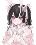  1girl animal_ears bare_shoulders black_hair blush breasts cleavage dress fake_animal_ears hair_ribbon heart heart-shaped_pupils highres iq033 looking_at_viewer medium_breasts multicolored_hair original parted_lips pink_dress pink_eyes pink_hair rabbit_ears ribbon simple_background solo streaked_hair symbol-shaped_pupils two-tone_hair upper_body white_background 