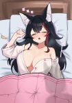  1girl :o animal_ear_fluff animal_ears bed_sheet black_hair blush breasts collarbone commentary_request from_above highres hololive kani_bonara large_breasts long_hair long_sleeves multicolored_hair on_bed ookami_mio pillow red_hair shadow shirakami_fubuki sleeping solo streaked_hair unbuttoned unbuttoned_shirt unworn_hair_ornament virtual_youtuber wolf_ears wolf_girl zzz 