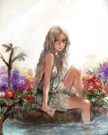  1girl bad_drawr_id bad_id bare_arms bare_legs bare_shoulders beads blonde_hair blue_eyes blue_nails character_request closed_mouth copyright_request dress elf em_(emily) flower long_hair looking_at_viewer nail_polish oekaki original outdoors parted_bangs plant pointy_ears purple_flower red_flower sitting soaking_feet solo tree water 
