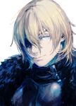  1boy black_coat blonde_hair blue_eyes closed_mouth coat dimitri_alexandre_blaiddyd eyepatch fire_emblem fire_emblem:_three_houses fur-trimmed_coat fur_trim hair_between_eyes light_smile looking_at_viewer male_focus short_hair simple_background solo upper_body wadati white_background 