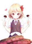  1girl :t absurdres bangs black_skirt black_vest blonde_hair blurry blurry_foreground blush closed_mouth collared_shirt depth_of_field dual_wielding eating eyebrows_visible_through_hair food fork hair_ribbon hands_up heart highres holding holding_fork looking_down meat neck_ribbon nekomarieru red_eyes red_ribbon ribbon rumia shirt short_hair simple_background skirt skirt_set smile solo touhou vest white_background wing_collar 