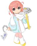  1girl bad_drawr_id bad_id black_eyes blue_shirt boots chain child closed_mouth expressionless full_body hammer holding holding_hammer kwgt looking_at_viewer oekaki original red_hair scarf shirt short_hair simple_background solo standing tachi-e white_background white_footwear white_scarf wide_sleeves 