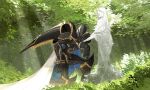  absurdres alphamon armor black_armor cape commission darkdog digimon forehead_jewel forest full_body highres kiss kissing_hand knight leaf mechanical_wings nature on_one_knee solo statue twitter_username white_cape wings 