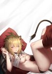  1girl absurdres animal_ear_fluff animal_ears arknights black_panties blonde_hair blush breasts cleavage clothes_pull commentary_request feet_out_of_frame hair_between_eyes highres kuro_saki large_breasts lion_ears lion_tail long_hair looking_at_viewer medium_bangs navel panties parted_lips pillow red_shorts shorts shorts_pull sidelocks siege_(arknights) solo tail tank_top torn_clothes torn_tank_top underboob underwear white_tank_top yellow_eyes 
