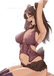  1girl animal_ears armor barefoot breasts brown_fur closed_eyes commission dark-skinned_female dark_skin facial_mark feet_out_of_frame fire_emblem fire_emblem_awakening highres large_breasts navel open_mouth panne_(fire_emblem) purple_armor rabbit_ears rabbit_girl rabbit_tail stretching taguel tail twintails vialnite 