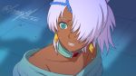  1boy aqua_eyes bishoujo_senshi_sailor_moon choker dark_skin dark_skinned_male dated gundam hair_over_one_eye highres laura_rolla male_focus otoko_no_ko sailor_moon_redraw_challenge shinmai_(kyata) silver_hair solo turn_a_gundam twitter_username 