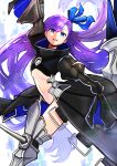 1girl absurdres black_coat blue_eyes coat fate/extra fate/extra_ccc fate/grand_order fate_(series) hair_ribbon highres knee_spikes long_hair meltryllis_(fate) navel purple_hair ribbon sheyona sleeves_past_fingers sleeves_past_wrists very_long_hair 