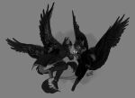 5_fingers action_pose anthro apple biped clothed clothing duo eyebrows feathered_wings feathers felid feline fingers food fruit hair hi_res horn inner_ear_fluff male mammal monochrome plant pose rikosakari tail tail_tuft tuft wings
