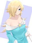  1girl bare_shoulders blonde_hair blue_dress blue_eyes breasts brooch cleavage closed_mouth collarbone dress hair_over_one_eye highres holding holding_wand jewelry long_bangs long_hair long_sleeves mario_(series) off-shoulder_dress off_shoulder rosalina smile solo star_brooch tomatomiya upper_body wand 