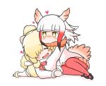  +_+ 2girls alpaca_ears alpaca_girl alpaca_suri_(kemono_friends) alpaca_tail animal_ears bird_girl bird_tail bird_wings blonde_hair blunt_bangs blush closed_eyes frilled_sleeves frills fur_collar fur_trim gloves hair_bun hair_over_one_eye hair_tubes head_wings heart japanese_crested_ibis_(kemono_friends) kanimiso_na_double kemono_friends long_sleeves lying multiple_girls on_side on_stomach pantyhose pleated_skirt red_fur red_gloves red_pantyhose red_skirt shirt short_hair sidelocks sitting skirt sweater tail white_fur white_gloves white_hair white_pantyhose white_shirt white_sweater wings yellow_eyes 