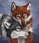 2022 ambiguous/ambiguous ambiguous_feral ambiguous_gender black_nose brown_body brown_fur brown_markings canid canine canis canon_couple countershade_face countershade_fur countershading cryptillian detailed detailed_fur digital_media_(artwork) digital_painting_(artwork) dire_wolf duo edme_macheath faolan_macduncan female_(lore) feral fluffy fur grey_body grey_countershading grey_fur grey_markings hi_res looking_at_viewer male_(lore) mammal markings multicolored_body multicolored_fur nuzzling one_eye_closed red_body red_fur shaded simple_background smile two_tone_body two_tone_fur watermark white_body white_countershading white_fur white_markings wolves_of_the_beyond yellow_eyes