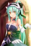  1girl bare_shoulders black_dress blush breasts detached_collar dragon_girl dragon_horns dress elbow_gloves fate/grand_order fate_(series) frilled_hairband frills gloves green_hair hairband high_ponytail highres holding_hands horns kiyohime_(fate) kiyohime_(formal_dress)_(fate) long_hair looking_at_viewer medium_breasts multiple_horns obi sash sen_(astronomy) sidelocks smile solo_focus white_gloves yellow_eyes 