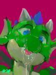 absurd_res ambiguous_gender anthro blep blue_eyes blue_horn bodily_fluids brokenwing bust_portrait cum cum_on_face cum_on_tongue ear_frill frill_(anatomy) front_view genital_fluids green_body hi_res horn looking_at_viewer mouth_closed no_pupils oselotti pink_tongue portrait signature solo tongue tongue_out white_horn