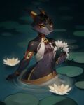 absurd_res anthro black_body black_scales blue_gem cleo_(illustriousgrave) collar female flower hi_res horn jewelry kobold lily_pad plant rizapiska scales solo water yellow_eyes