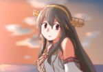  1girl bare_shoulders blush brown_eyes detached_sleeves from_side grey_hair hair_ornament hairclip haruna_(kantai_collection) headgear highres itsuka_acr kantai_collection long_hair looking_at_viewer nontraditional_miko remodel_(kantai_collection) smile solo sunset upper_body 