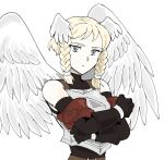  1girl amazake_kouji angel angel_wings armor bare_shoulders black_gloves black_sleeves blonde_hair blue_eyes braid breastplate crossed_arms detached_sleeves feathered_wings gloves head_wings highres long_sleeves ochlys_(unicorn_overlord) short_hair side_braids simple_background solo unicorn_overlord white_background white_wings wings 