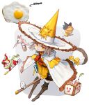  1girl bat_(animal) black_socks blonde_hair book boots bottle bow broom broom_riding brown_footwear cape commentary creature drinking_straw egg_(food) english_commentary expressionless food fork fried_egg frilled_cape hat highres holding holding_fork hood hood_down leaf long_sleeves looking_at_viewer original reference_inset ribbon rinotuna shirt short_hair socks solo toad_(animal) white_cape witch_hat yellow_bow yellow_eyes yellow_ribbon yellow_shirt 