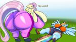 anthro big_breasts big_butt biped blue_body breast_size_difference breasts butt camel_toe clothed clothing dialogue duo equid equine eyelashes female fluttershy_(mlp) friendship_is_magic hair hasbro hi_res huge_breasts huge_butt hyper hyper_breasts lying mammal my_little_pony mythological_creature mythological_equine mythology on_back pegasus pink_hair rainbow_dash_(mlp) text thiccbuns thick_thighs wings yellow_body