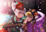  2girls absurdres animification apex_legends blonde_hair blue_eyes blue_shirt blurry blurry_background blush breasts chest_sarashi dango demon&#039;s_whisper_wraith feeding food grey_eyes grey_hair highres hood hood_down hooded_jacket jacket japanese_clothes kimono looking_to_the_side mask mask_on_head medium_breasts milmil7 multiple_girls official_alternate_costume olympus_(apex_legends) open_mouth ponytail purple_crane_wattson purple_jacket purple_kimono sanshoku_dango sarashi scar scar_on_cheek scar_on_face shirt smile wagashi wattson_(apex_legends) wraith_(apex_legends) yuri 