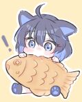  ! 1girl ahoge animal_ears biting black_footwear black_hair blue_eyes blue_hair blush cat_ears cat_girl chibi commentary_request food hair_between_eyes hands_up highres holding holding_food honkai_(series) honkai_impact_3rd korean_commentary multicolored_hair outline paw_print paw_print_soles seele_vollerei shoes short_hair sidelocks simple_background sitting solo streaked_hair taiyaki velcozz wagashi white_outline yellow_background 