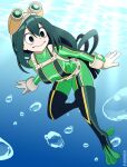  1girl absurdres asui_tsuyu black_eyes bodysuit boku_no_hero_academia bubble closed_mouth english_commentary full_body gloves goggles goggles_on_head green_bodysuit green_hair hair_between_eyes highres long_hair looking_to_the_side nico-neko solo superhero_costume underwater very_long_hair white_gloves 