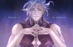  1boy bare_shoulders black_nails chinenkun earrings english_text forehead_tattoo gradient_background hades_(shuumatsu_no_valkyrie) hair_between_eyes highres jewelry leaf_tattoo looking_at_viewer male_focus medium_hair neck_tattoo own_hands_together pectoral_cleavage pectorals purple_background purple_eyes shirt shoulder_tattoo shuumatsu_no_valkyrie single_earring sleeveless sleeveless_shirt smirk solo tattoo upper_body white_hair 
