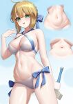  1girl :d absurdres ahoge artoria_pendragon_(fate) artoria_pendragon_(swimsuit_archer)_(fate) bikini blonde_hair blush bow bow_bikini breasts cleavage cleavage_cutout clothing_cutout collarbone commentary_request criss-cross_halter fate/grand_order fate_(series) from_below green_eyes halterneck highres medium_breasts medium_hair multiple_views navel official_alternate_costume okayusonmu open_mouth saber_(fate) simple_background smile swimsuit underboob 