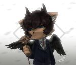 4_fingers anthro blue_eyes clothed clothing eyebrow_through_hair eyebrows feathered_wings feathers felid feline fingers flower fur hair hi_res horn inner_ear_fluff male mammal plant rikosakari rose_(flower) solo translucent translucent_hair tuft wings