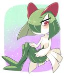  bags_under_eyes colored_skin gradient_background green_hair hair_over_one_eye highres horns ino_(tellu0120) kirlia looking_at_viewer multicolored_skin parted_lips pink_eyes pokemon pokemon_(creature) sidelocks two-tone_skin white_skin 