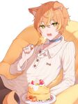  1boy absurdres animal_ears buttons cake cake_slice dog_ears dog_tail food fork highres long_sleeves looking_at_viewer male_focus multicolored_hair open_mouth orange_hair paw_print project_sekai shinonome_akito shirt short_hair streaked_hair tail yamggu 